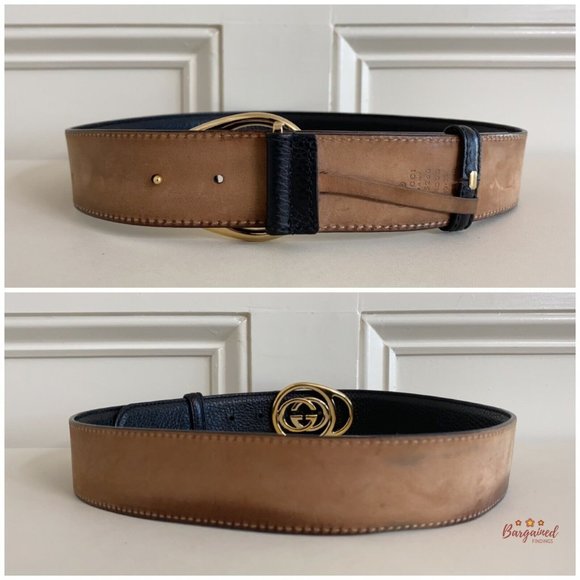 Authentic Gucci Black Pebbled Leather Gold Interlocking G Buckle Belt 80/32 main image 8